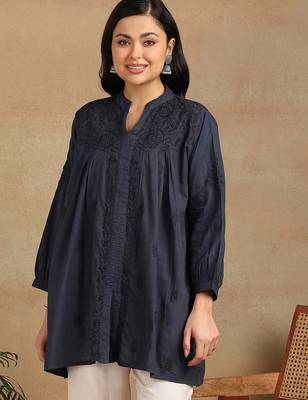 Women navy blue floral embroidered chikankari pleats front slit a-line kurtis 1