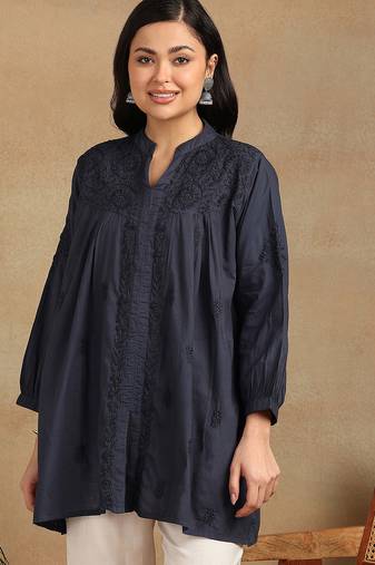 Women navy blue floral embroidered chikankari pleats front slit a-line kurtis