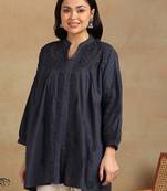 Women navy blue floral embroidered chikankari pleats front slit a-line kurtis