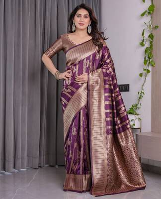 Wine elegant zari woven banarasi silk sarees with attached blouse 1