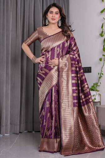 Wine elegant zari woven banarasi silk sarees with attached blouse