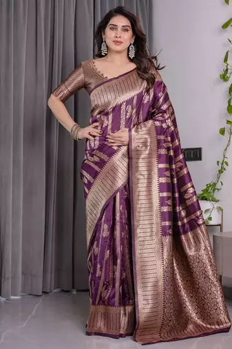 Wine elegant zari woven banarasi silk sarees with attached blouse