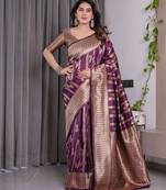 Wine elegant zari woven banarasi silk sarees with attached blouse