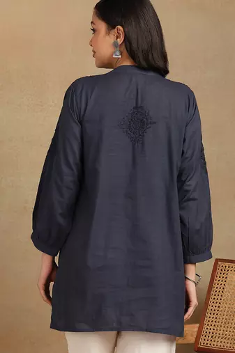 Women navy blue floral embroidered chikankari pleats front slit a-line kurtis