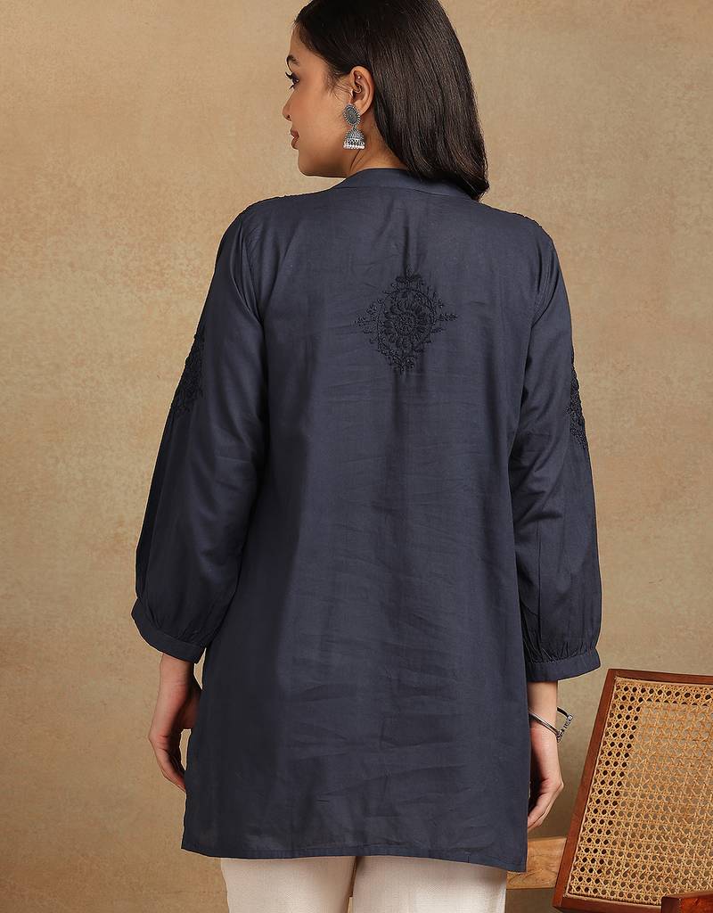 Women navy blue floral embroidered chikankari pleats front slit a-line kurtis