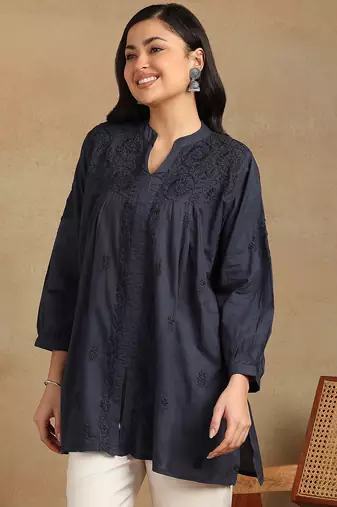 Women navy blue floral embroidered chikankari pleats front slit a-line kurtis