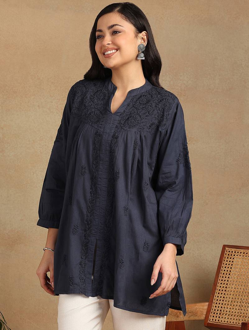 Women navy blue floral embroidered chikankari pleats front slit a-line kurtis