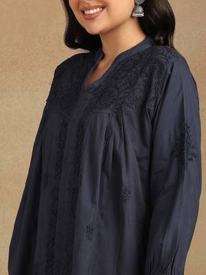 Women navy blue floral embroidered chikankari pleats front slit a-line kurtis 4