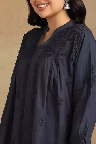 Women navy blue floral embroidered chikankari pleats front slit a-line kurtis