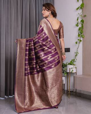 Wine elegant zari woven banarasi silk sarees with attached blouse 3