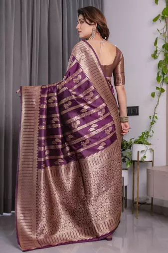 Wine elegant zari woven banarasi silk sarees with attached blouse
