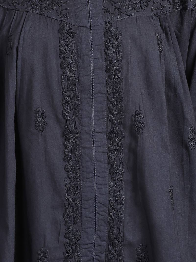 Women navy blue floral embroidered chikankari pleats front slit a-line kurtis