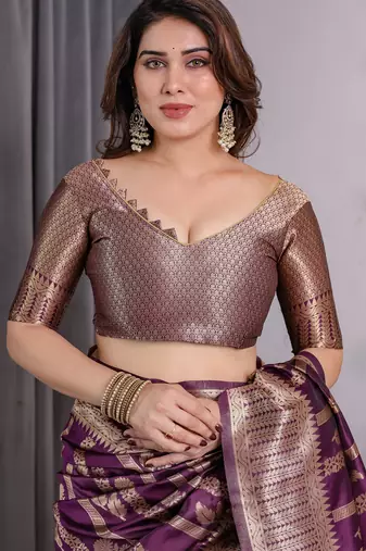 Wine elegant zari woven banarasi silk sarees with attached blouse