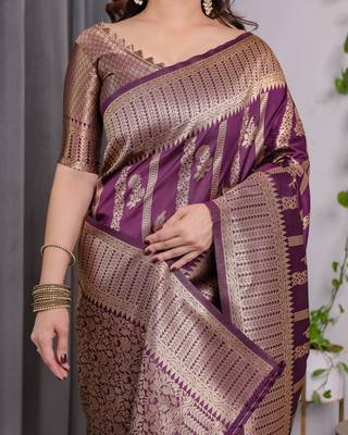 Wine elegant zari woven banarasi silk sarees with attached blouse 5