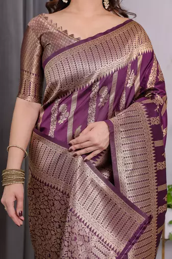 Wine elegant zari woven banarasi silk sarees with attached blouse