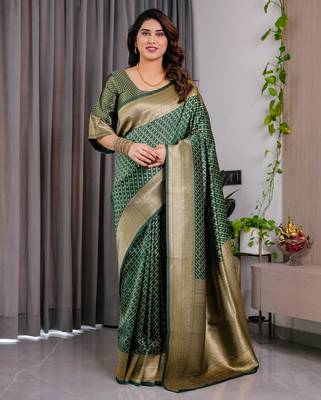 Green elegant zari woven banarasi silk sarees with attached blouse 1
