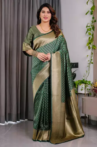 Green elegant zari woven banarasi silk sarees with attached blouse