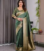 Green elegant zari woven banarasi silk sarees with attached blouse