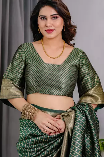 Green elegant zari woven banarasi silk sarees with attached blouse