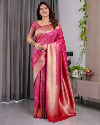 Pink elegant zari woven banarasi silk sarees with attached blouse 1