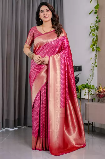 Pink elegant zari woven banarasi silk sarees with attached blouse