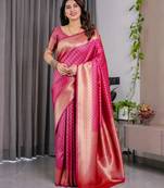 Pink elegant zari woven banarasi silk sarees with attached blouse