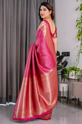 Pink elegant zari woven banarasi silk sarees with attached blouse