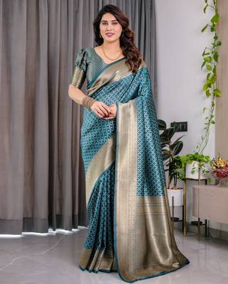 Rama elegant zari woven banarasi silk sarees with attached blouse 1