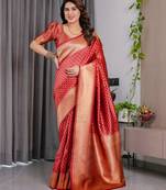 Red elegant zari woven banarasi silk sarees with attached blouse