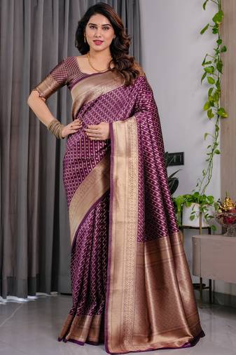 Wine elegant zari woven banarasi silk sarees with attached blouse
