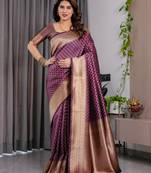 Wine elegant zari woven banarasi silk sarees with attached blouse