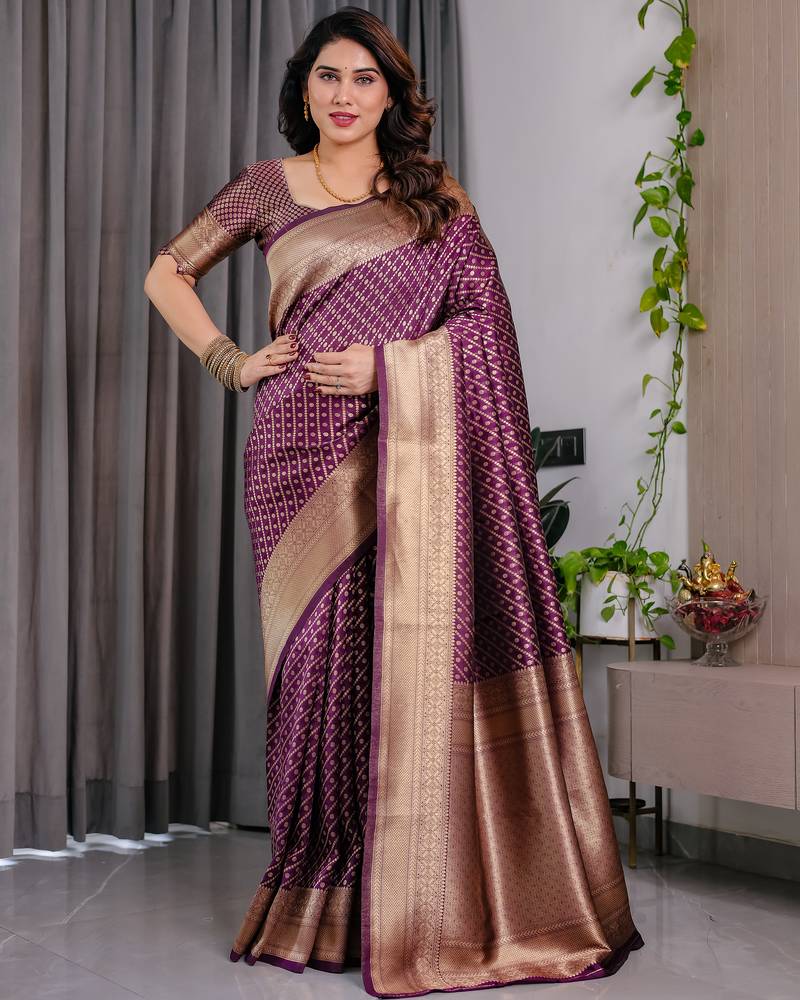 Wine elegant zari woven banarasi silk sarees with attached blouse