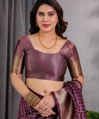Wine elegant zari woven banarasi silk sarees with attached blouse 4