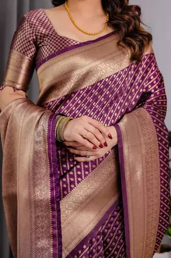 Wine elegant zari woven banarasi silk sarees with attached blouse