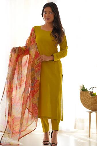 women's solid viscose straight kurta pant and dupatta set