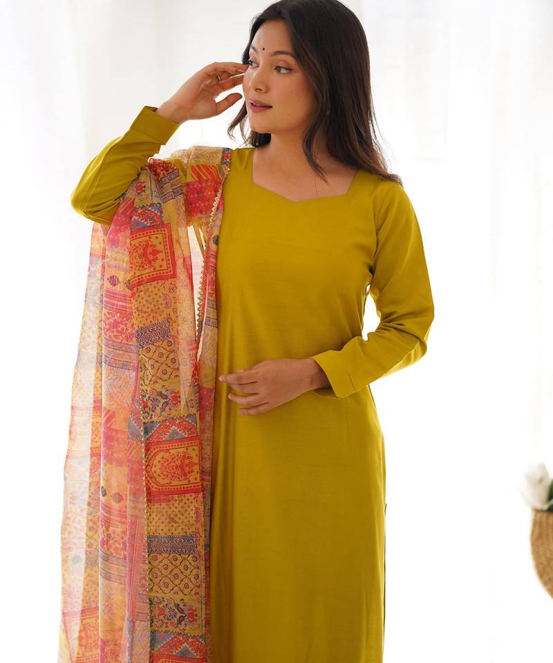 women's solid viscose straight kurta pant and dupatta set