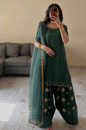 Green ada slab silk blend party wear embroidery farshi salwar suit set