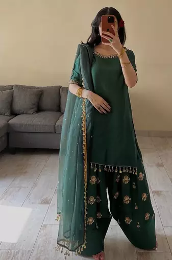 Green ada slab silk blend party wear embroidery farshi salwar suit set