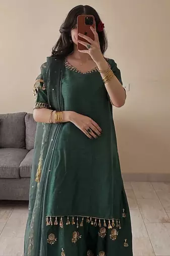Green ada slab silk blend party wear embroidery farshi salwar suit set
