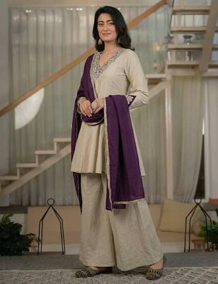 Cream silk blend party wear embroidery sharara suit set 1