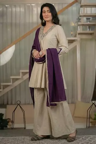 Cream silk blend party wear embroidery sharara suit set