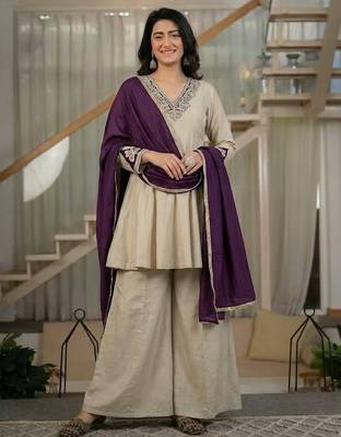Cream silk blend party wear embroidery sharara suit set 2