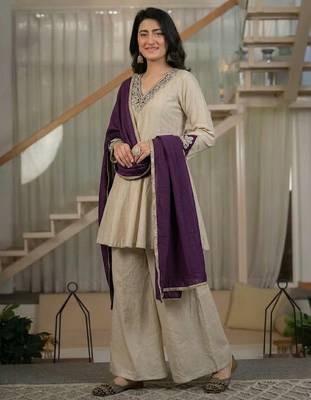 Cream silk blend party wear embroidery sharara suit set 4