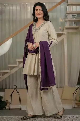 Cream silk blend party wear embroidery sharara suit set