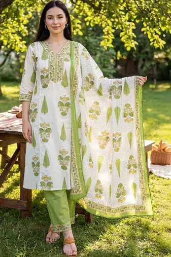 Women Floral Printed Cotton Kurta with Trousers & With Dupatta