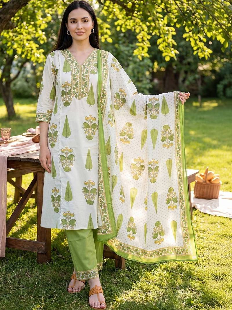 Women Floral Printed Cotton Kurta with Trousers & With Dupatta