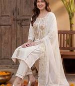 Women Floral Embroidered Thread Work Cotton Kurta with Trousers & With Dupatta