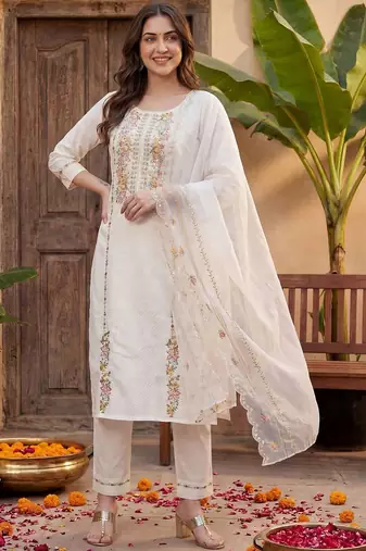 Women Floral Embroidered Thread Work Cotton Kurta with Trousers & With Dupatta