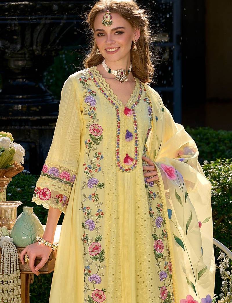Women Floral Embroidered Cotton Kurta with Trousers & Dupatta