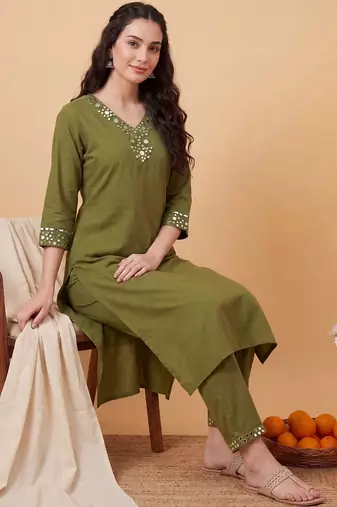 Women Mirror Work Kurta with Trousers